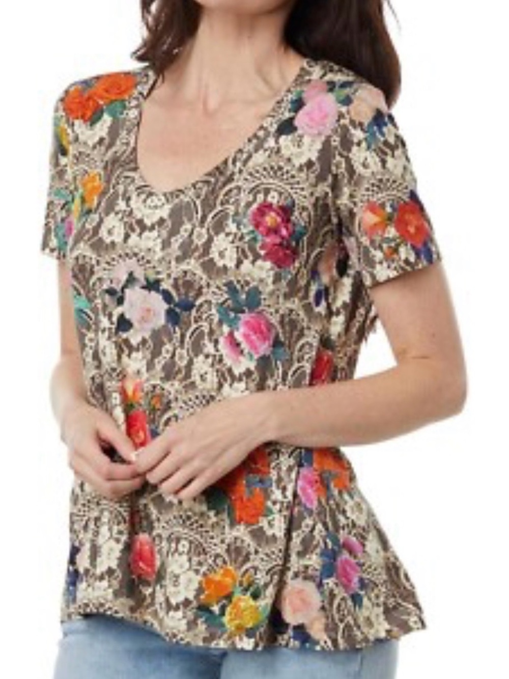 Johnny Was Rose Lace Favorite Short Swing Tee Floral Top Shirt Sz S fits M